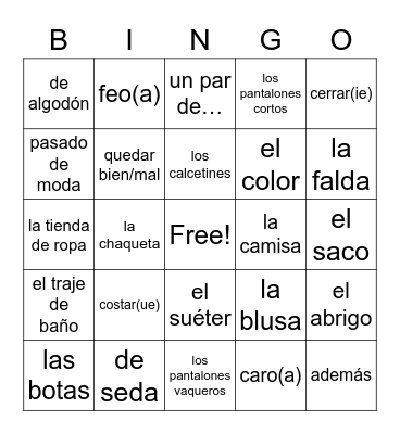 8.1 Vocabulario Bingo Card