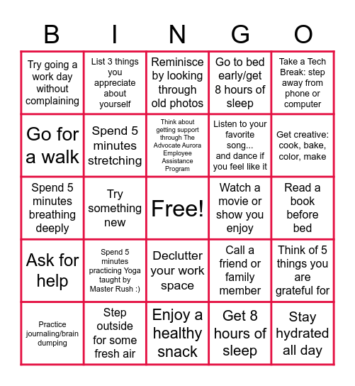 Wellness Bingo! Bingo Card