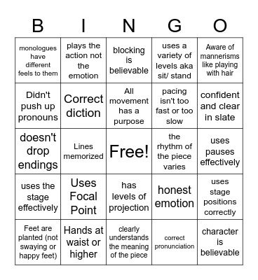 Actor Bingo Card