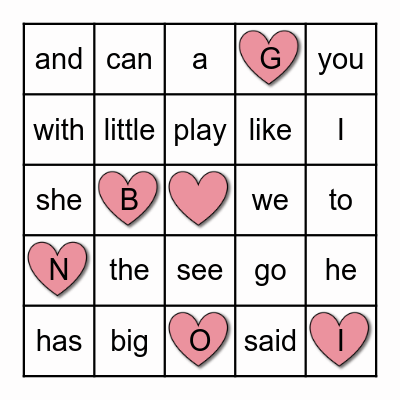 Sight Words Bingo Card