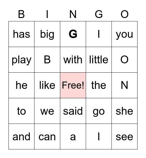 Sight Words Bingo Card