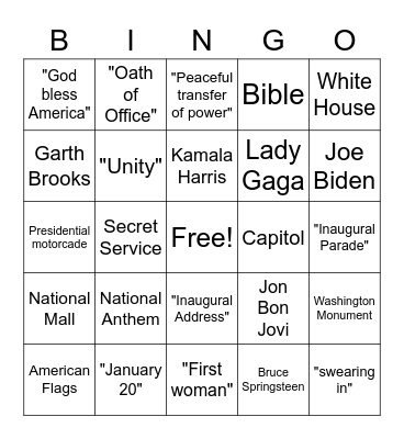 2021 Presidential Inauguration Bingo Card