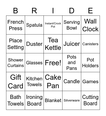 Bridal Shower Bingo Card
