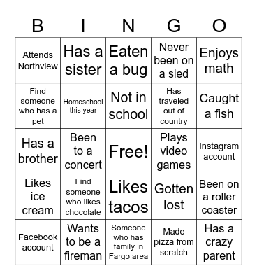 Northview Kids Friendship Bingo Card