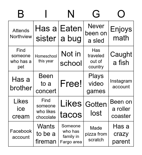 Northview Kids Friendship Bingo Card