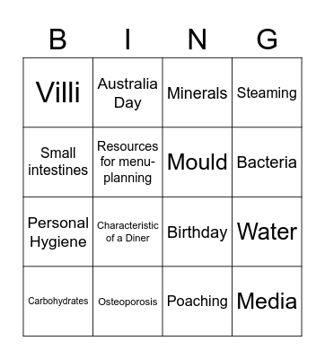 Food Technology Revision Bingo Card