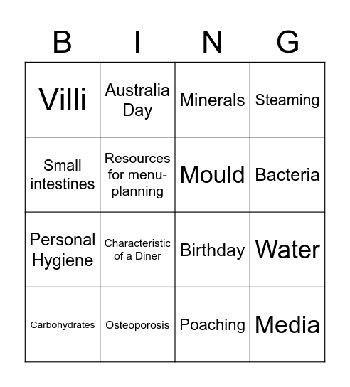 Food Technology Revision Bingo Card