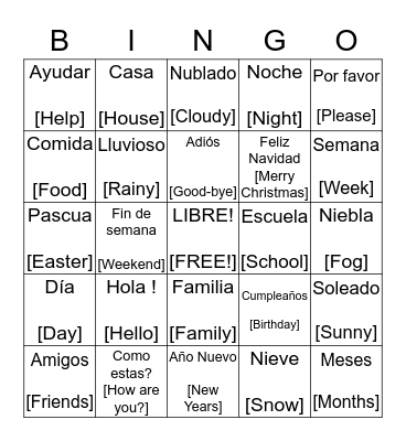 SPANISH BINGO!  Bingo Card