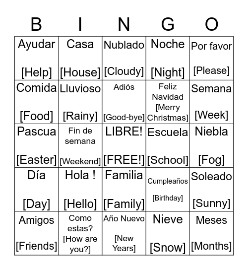 SPANISH BINGO!  Bingo Card