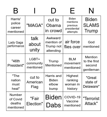 Inauguration bingo Card