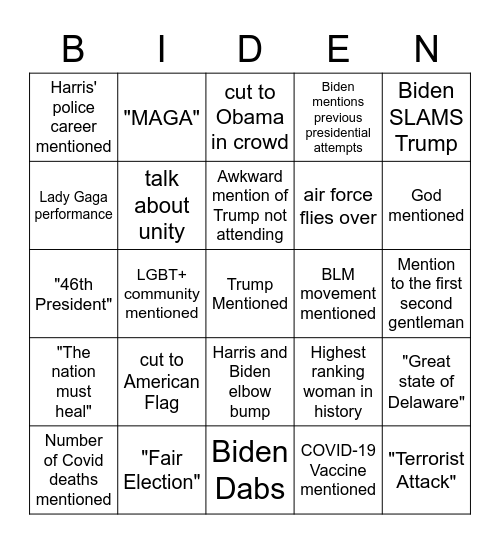 Inauguration bingo Card