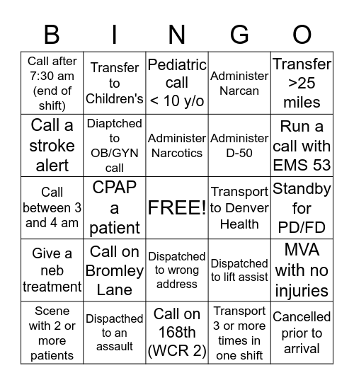 EMS Bingo Card