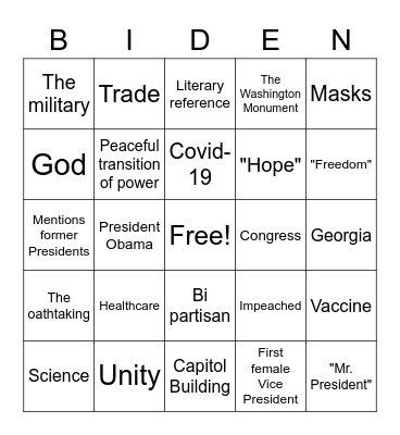 Biden inauguration Bingo Card