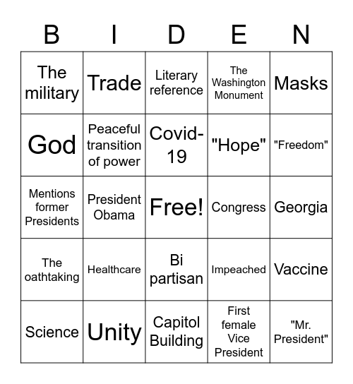 Biden inauguration Bingo Card