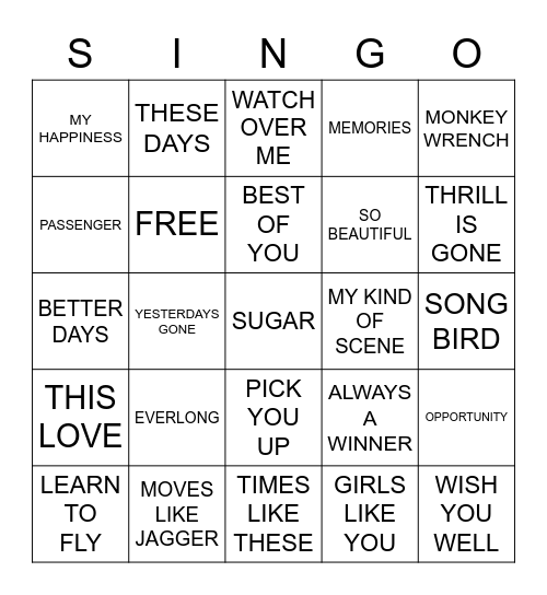 606 FOO FIGHTERS VS POWDERFINGER VS PETE MURRAY VS BERNARD FANNING VS MAROON 5 Bingo Card