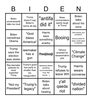 Inauguration Day Bingo Card