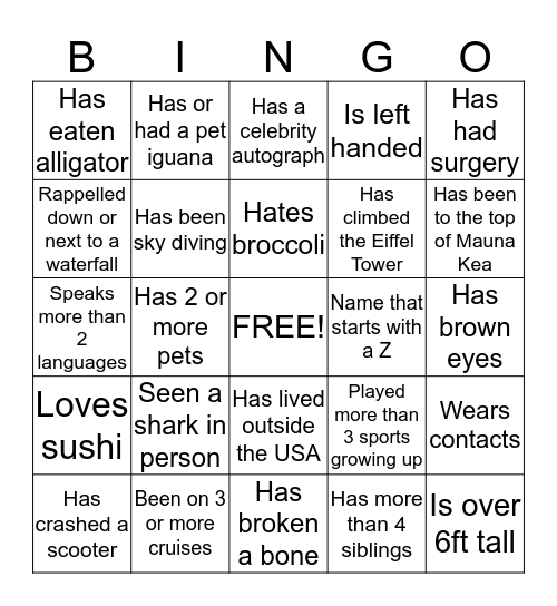 LDS Single Cruisers Bingo Card