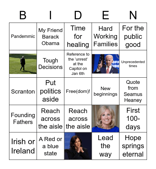 Inauguration Bingo;  Jan 20th, 2021 Bingo Card
