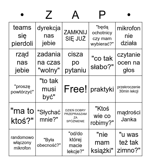 zap universe Bingo Card