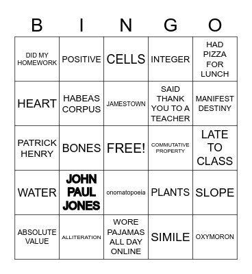 Student Bingo Card