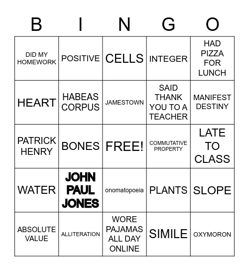 Student Bingo Card