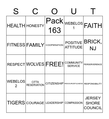 PACK 163 CUB SCOUTING Bingo Card