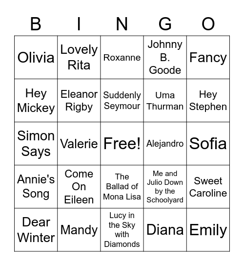 Songs with Names Bingo Card