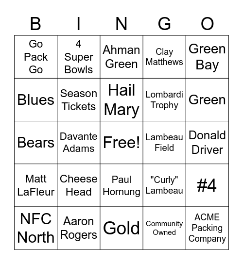 Packers Bingo Card
