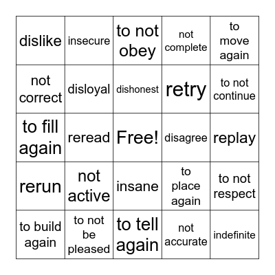 Prefixes Bingo Card