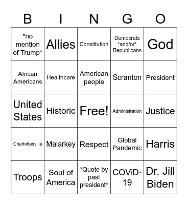 Biden Inauguration Bingo Card