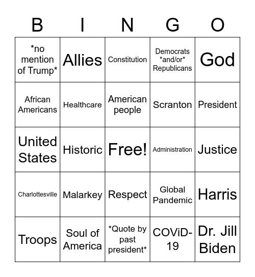 Biden Inauguration Bingo Card