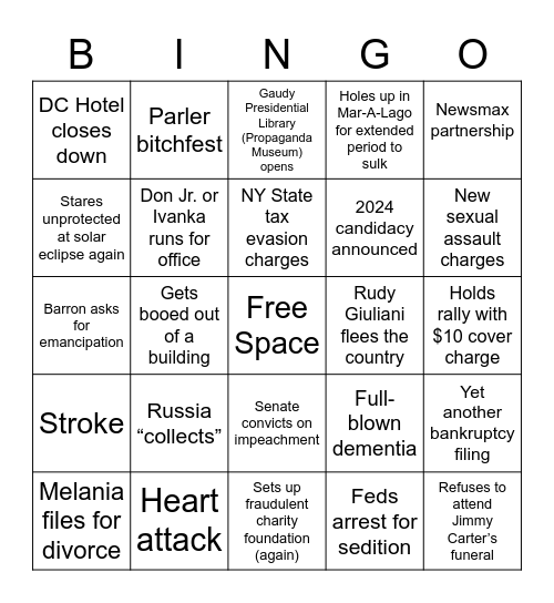 Trump Post-Presidency Bingo Card