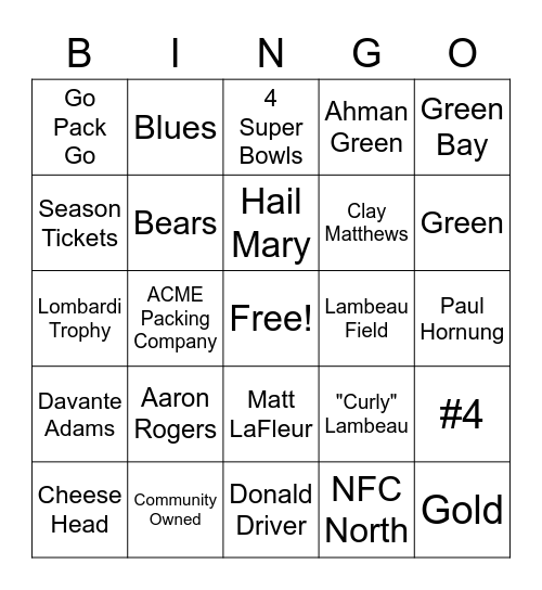 Packers Bingo Card