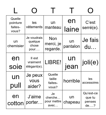 p.10 (B) - clothes/accessories/shopping Bingo Card