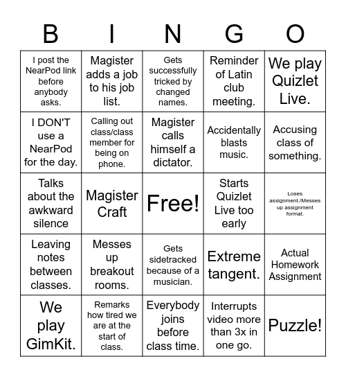 Latin 2 Bingo Card