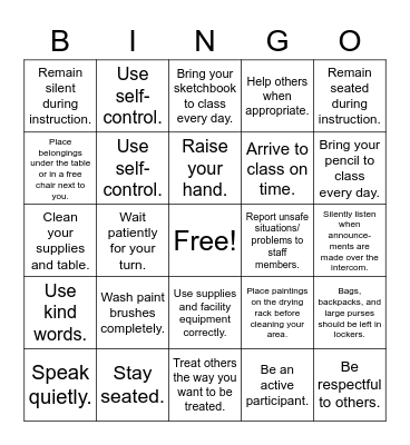 Art Room Bingo Card