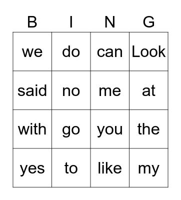 Sight Words Bingo Card