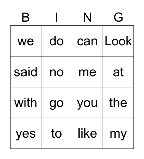 Sight Words Bingo Card