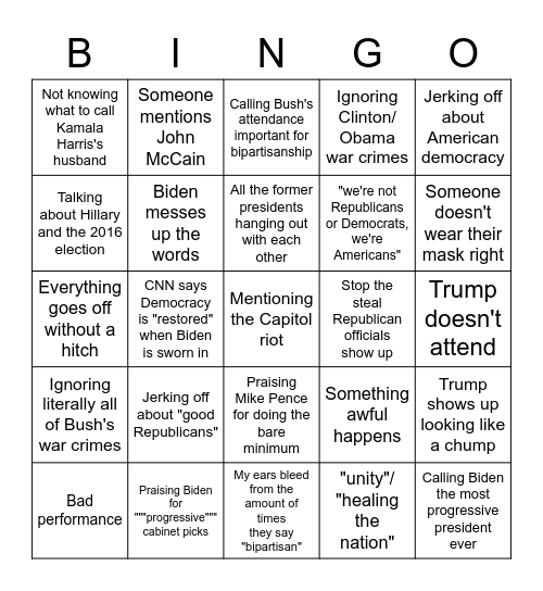 Inauguration 2021 Bullshit Bingo Card