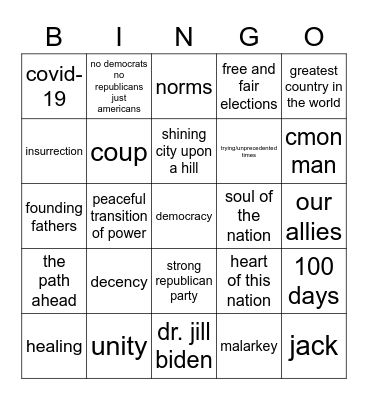 2021 Inauguration Bingo Card