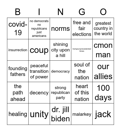 2021 Inauguration Bingo Card