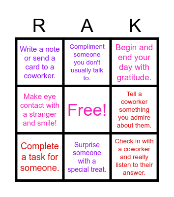 Random Acts of Kindness Bingo Card