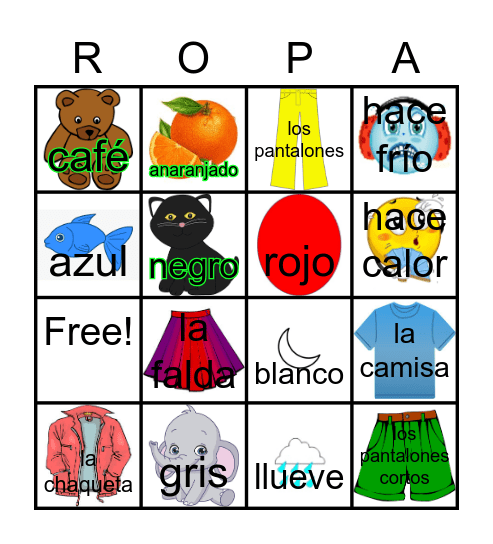 La ropa y los colores Bingo Card