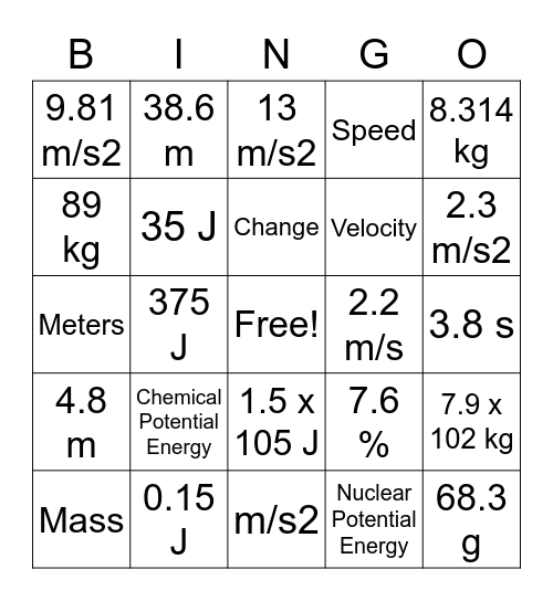S10 Physics Review Bingo Card