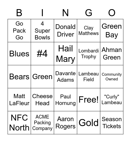 Packers Bingo Card