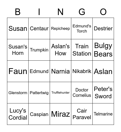 Prince Caspian Bingo Card