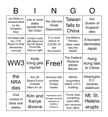 Crazy things that could happen in 2021 Bingo Card