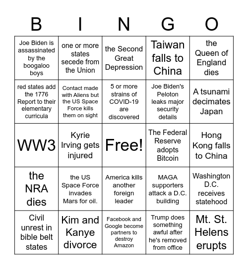 Crazy things that could happen in 2021 Bingo Card