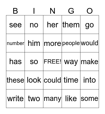 Sight Words Bingo Card
