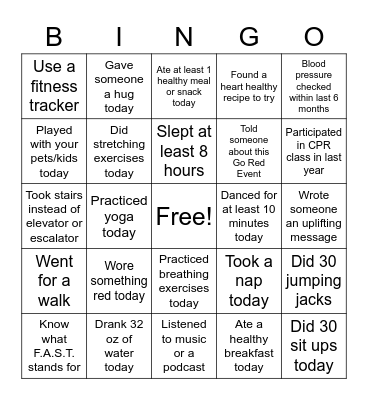 Go Red Bingo Card